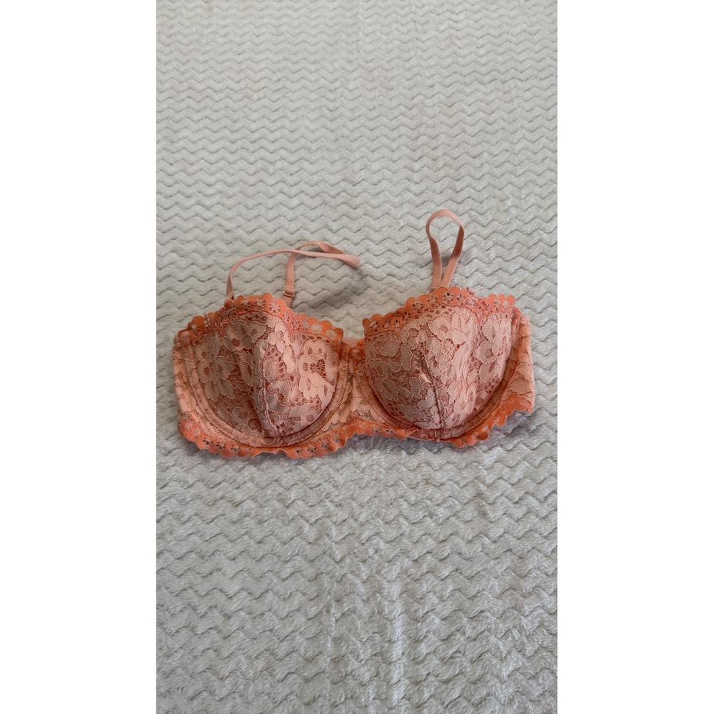 Victorias Secret Lined Balconet Bra Coral Peach Floral Lace Underwire 34C